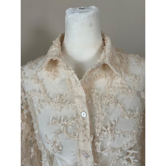 ZARA NWOT womens ivory mesh floral pattern button down blouse XL - Picture 4 of 7